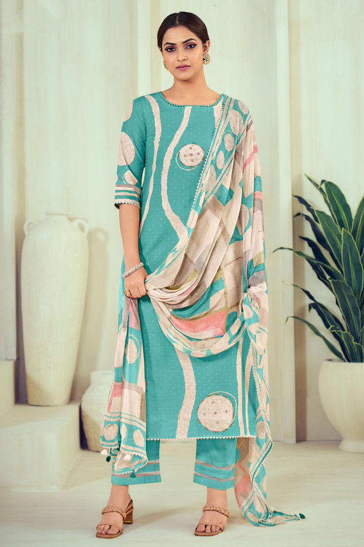 Cyan Color Pure Cotton Digital Print With Handwork Casual Salwar Suit