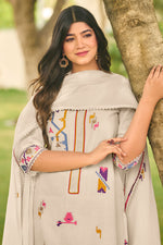 Load image into Gallery viewer, Beige Pure Cotton Jacquard Borer Embroidered Designer Salwar Suit
