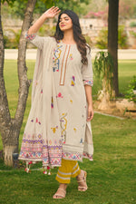 Load image into Gallery viewer, Beige Pure Cotton Jacquard Borer Embroidered Designer Salwar Suit
