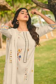 Pure Cotton Jacquard Borer Embroidered Designer Suit In Beige Color