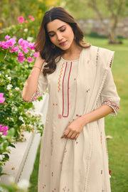 Pure Cotton Jacquard Borer Embroidered Designer Beige Dress