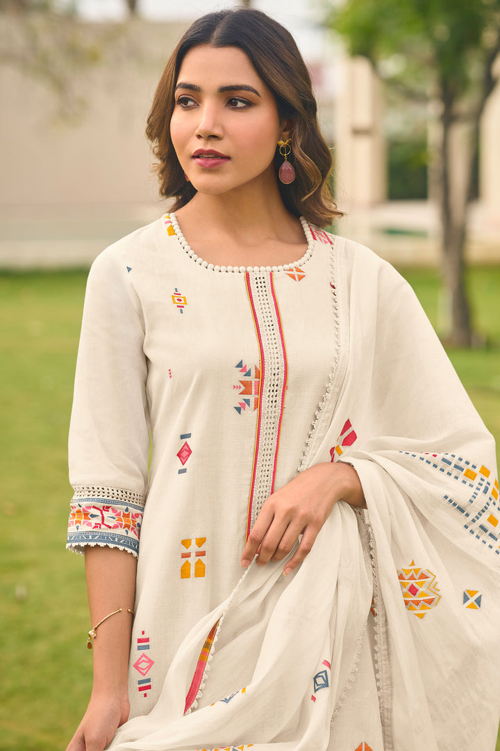 Beige Embroidered Designer Salwar Kameez In Pure Cotton Jacquard Fabric