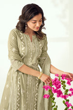 Load image into Gallery viewer, Light Olive Pure Cotton Block Print With Lazer Cut Embroidery Designer Salwar Kameez
