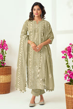 Load image into Gallery viewer, Light Olive Pure Cotton Block Print With Lazer Cut Embroidery Designer Salwar Kameez
