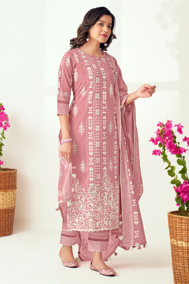 Pink Pure Cotton Block Print With Lazer Cut Embroidery Designer Salwar Suit