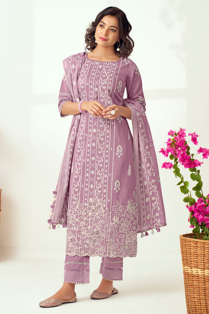 Lavender Pure Cotton Block Print With Lazer Cut Embroidery Designer Dress