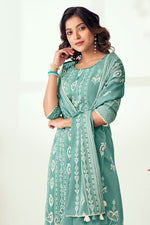 Load image into Gallery viewer, Pure Cotton Block Print With Lazer Cut Embroidery Designer Salwar Kameez In Cyan Color
