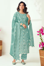 Load image into Gallery viewer, Pure Cotton Block Print With Lazer Cut Embroidery Designer Salwar Kameez In Cyan Color
