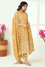 Load image into Gallery viewer, Pure Cotton Block Print With Lazer Cut Embroidery Designer Salwar Suit In Light Brown Color
