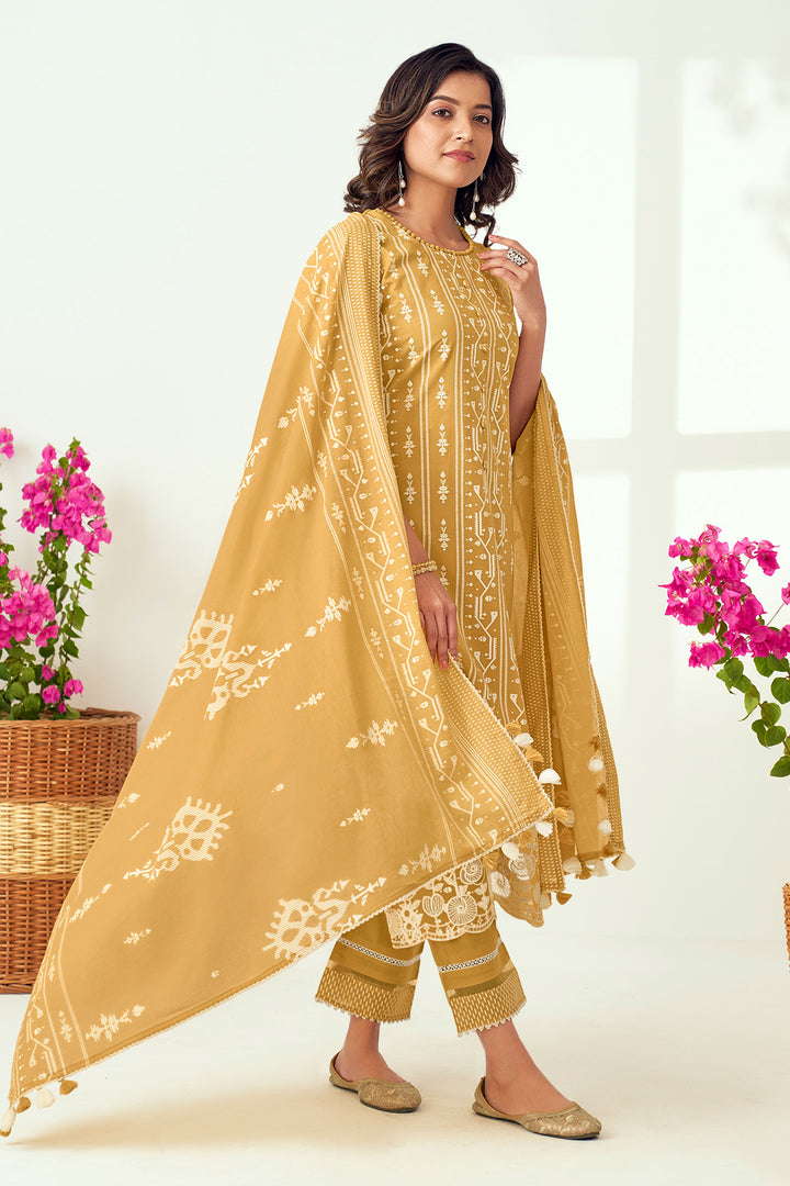 Pure Cotton Block Print With Lazer Cut Embroidery Designer Salwar Suit In Light Brown Color