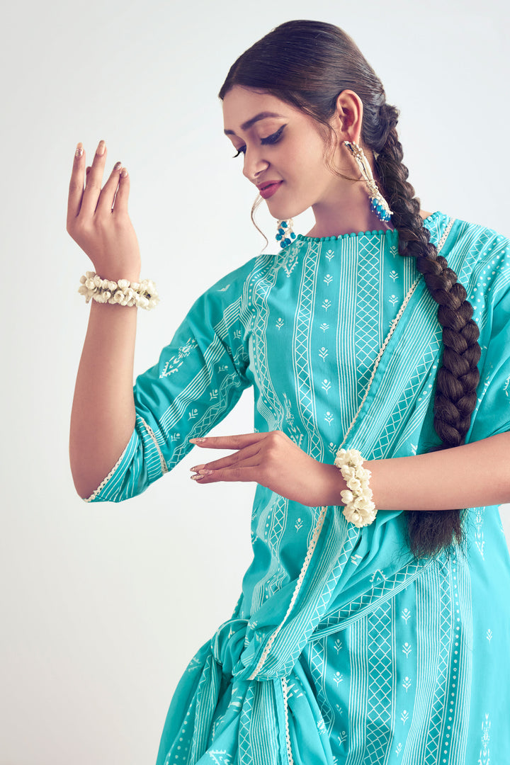 Cyan Color Pure Cotton Block Print Daily Wear Salwar Suit