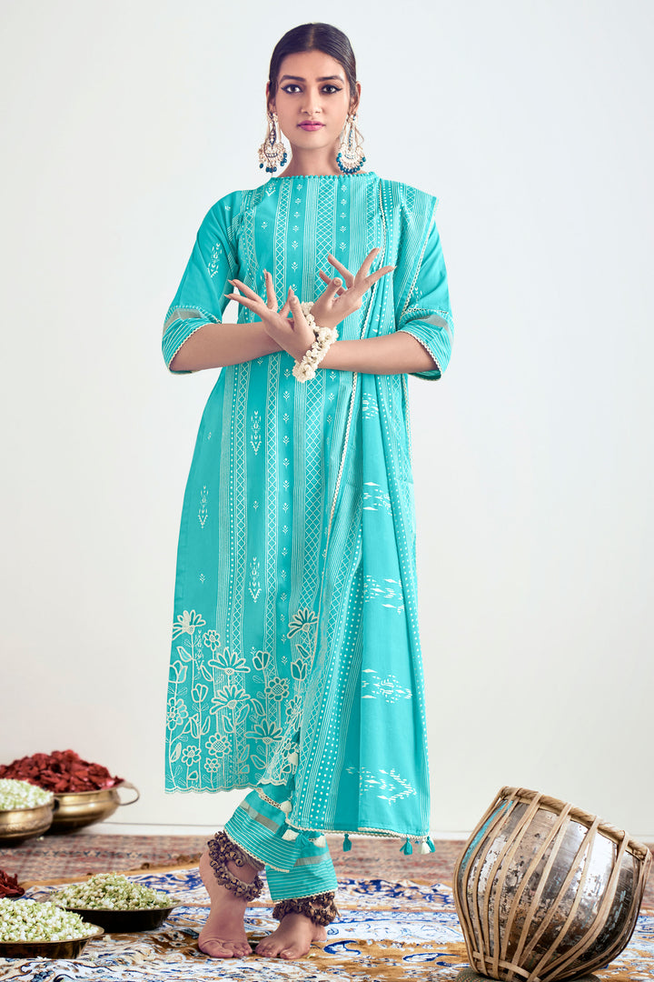 Cyan Color Pure Cotton Block Print Daily Wear Salwar Suit