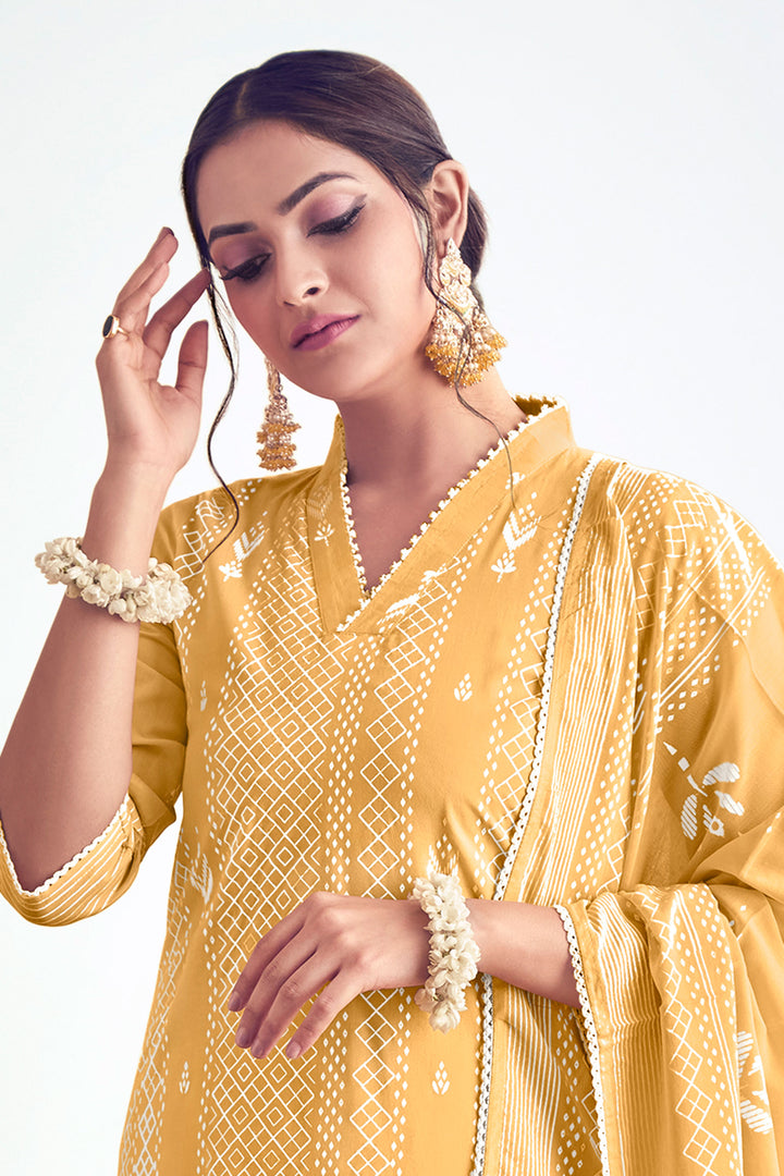Pure Cotton Block Print Daily Wear Salwar Kameez In Yellow Color