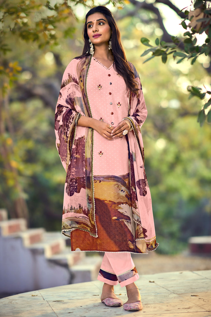 Attractive Pink Pure Cotton Booth Digital Print Suit