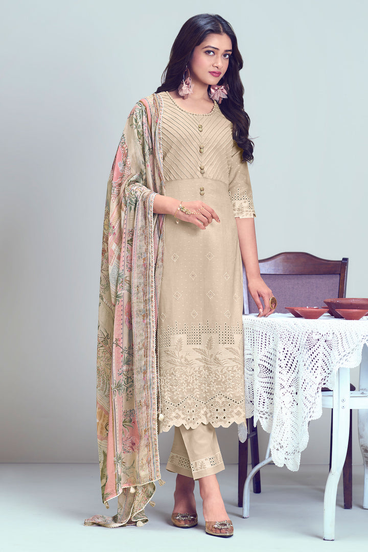 Beige Pure Cotton Shriram Booti Embroidery Work Designer Dress