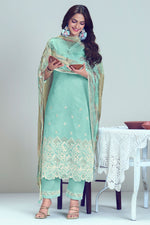 Load image into Gallery viewer, Pure Cotton Shriram Booti Embroidery Work Designer Salwar Kameez In Light Cyan Color
