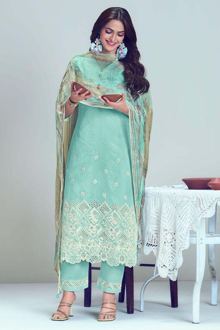 Pure Cotton Shriram Booti Embroidery Work Designer Salwar Kameez In Light Cyan Color