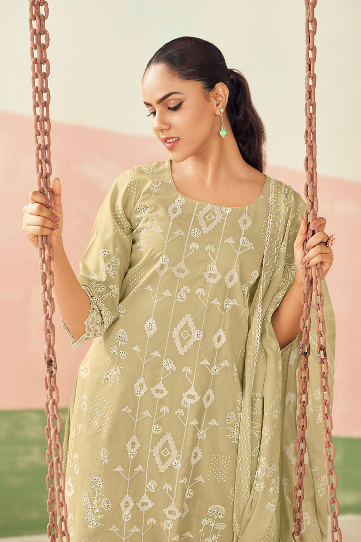 Beige Pure Cotton Printed Straight Cut Salwar Suit