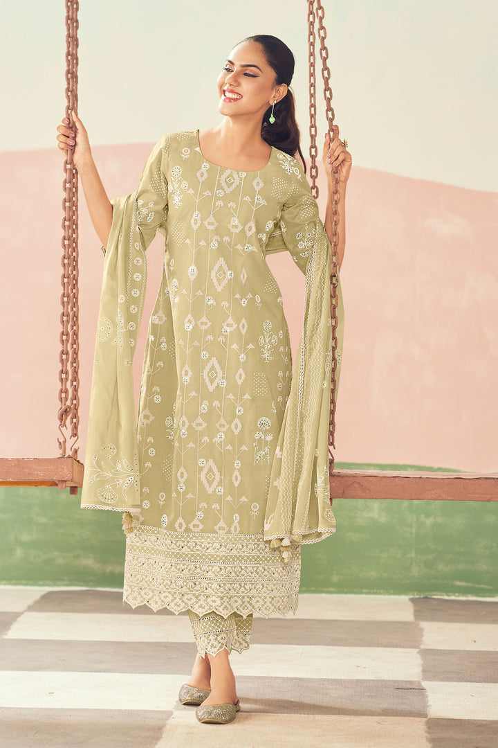 Beige Pure Cotton Printed Straight Cut Salwar Suit