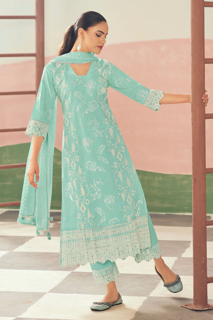 Pure Cotton Printed Straight Cut Salwar Kameez In Cyan Color