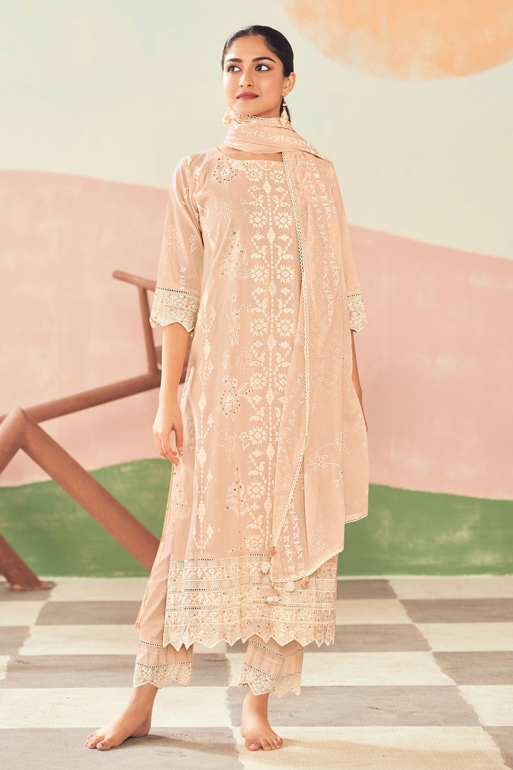 Pure Cotton Printed Straight Cut Salwar Suit In Peach Color