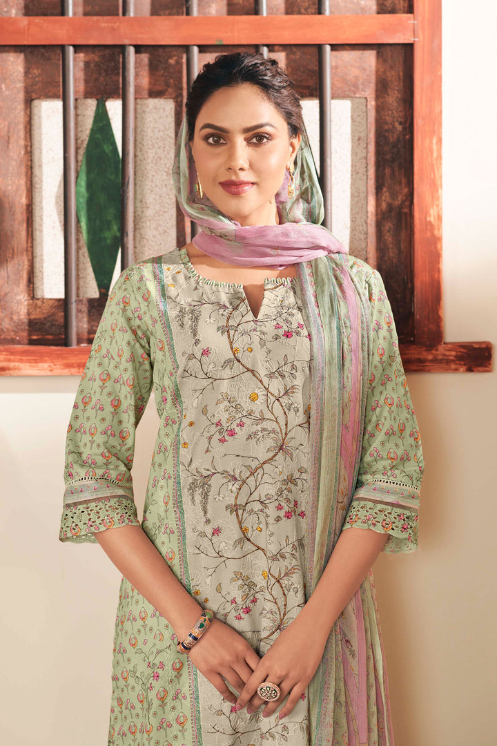 Pure Cotton Embroidery Digital Print Long Straight Cut Salwar Kameez