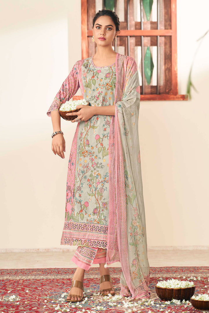 Beige Pure Cotton Embroidery Digital Print Long Straight Cut Salwar Suit