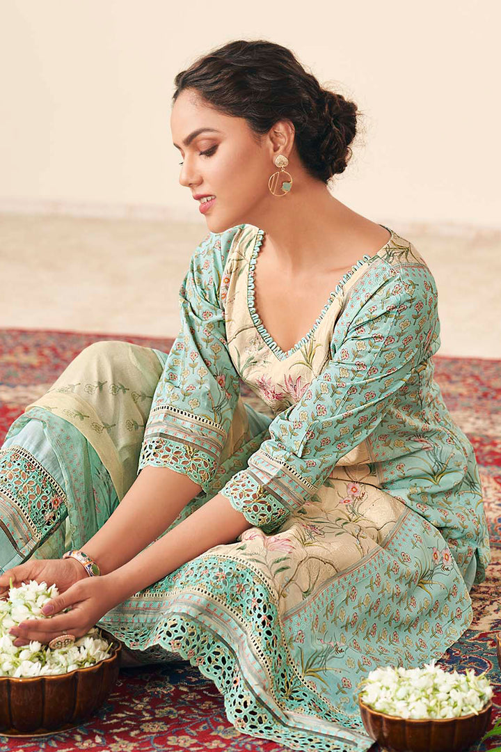 Cream Color Pure Cotton Embroidery Digital Print Long Straight Cut Suit