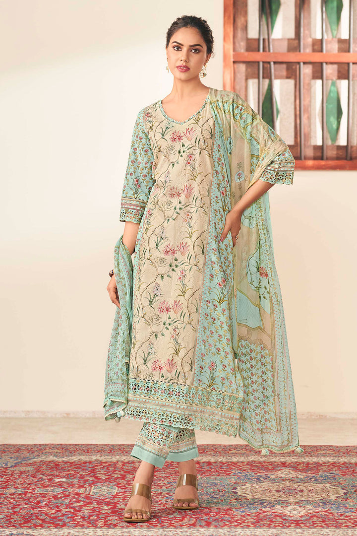 Cream Color Pure Cotton Embroidery Digital Print Long Straight Cut Suit