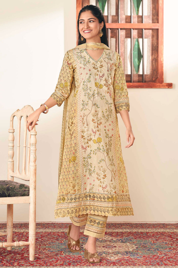 Cream Pure Cotton Embroidery Digital Print Long Straight Cut Dress