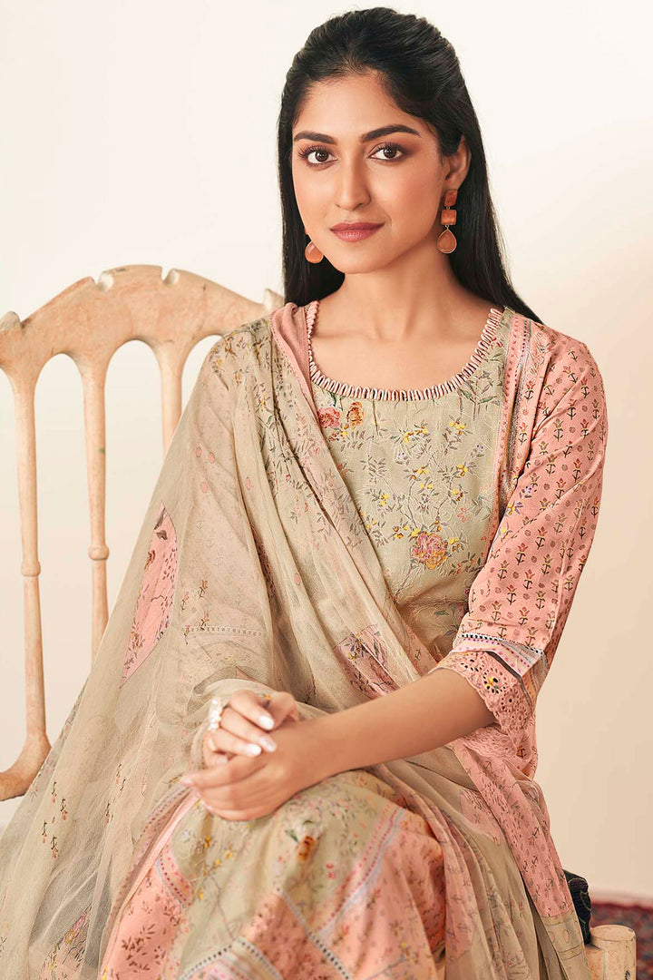 Pure Cotton Embroidery Digital Print Long Straight Cut Salwar Kameez In Beige Color