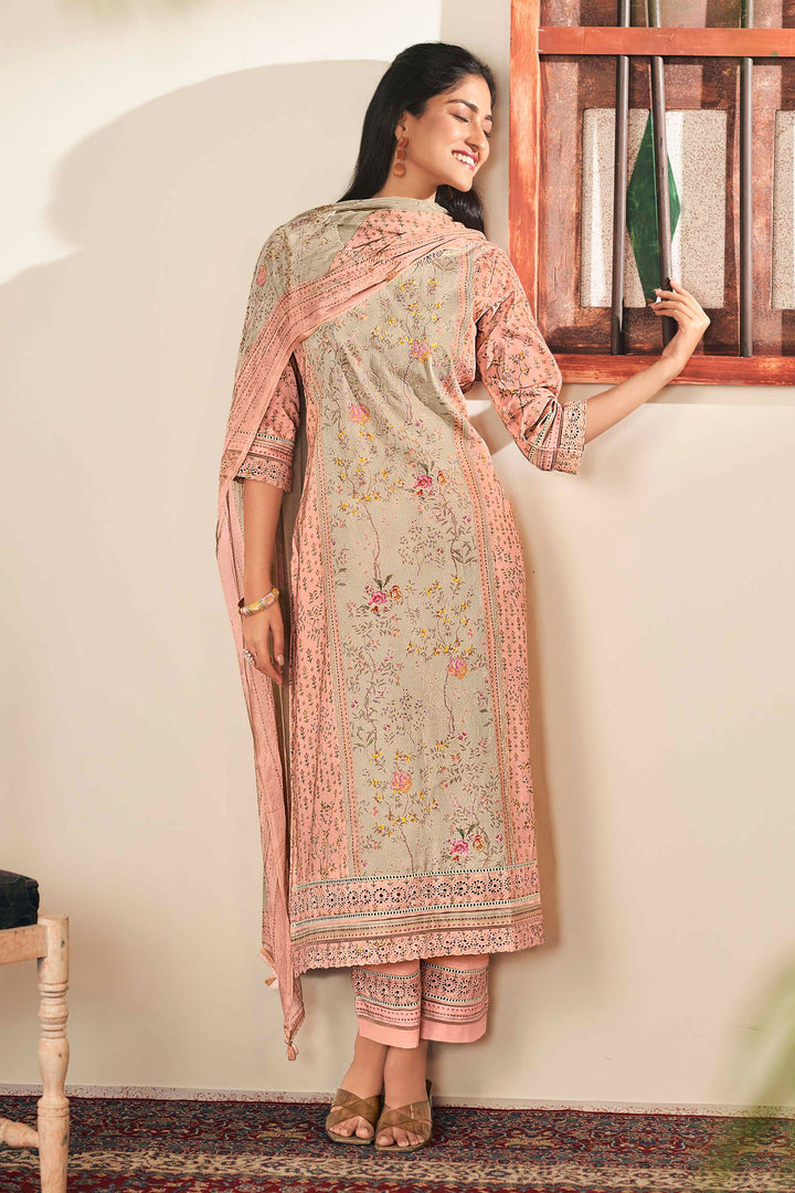 Pure Cotton Embroidery Digital Print Long Straight Cut Salwar Kameez In Beige Color