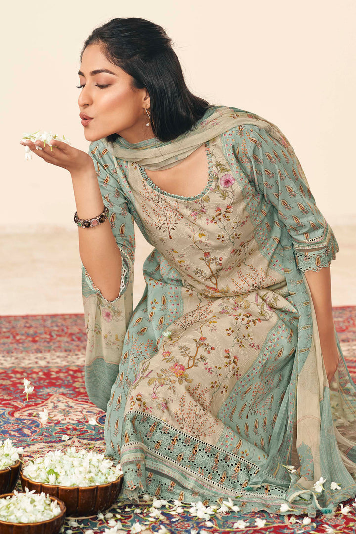 Pure Cotton Embroidery Digital Print Long Straight Cut Salwar Suit In Cyan Color