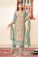 Load image into Gallery viewer, Pure Cotton Embroidery Digital Print Long Straight Cut Salwar Suit In Cyan Color
