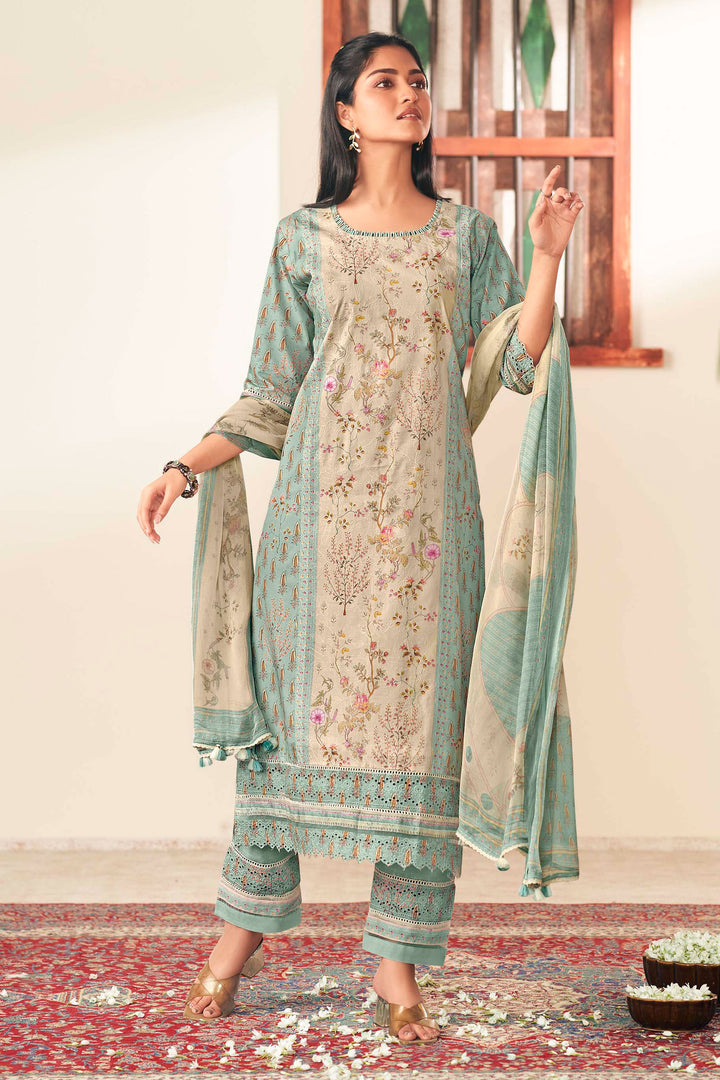 Pure Cotton Embroidery Digital Print Long Straight Cut Salwar Suit In Cyan Color