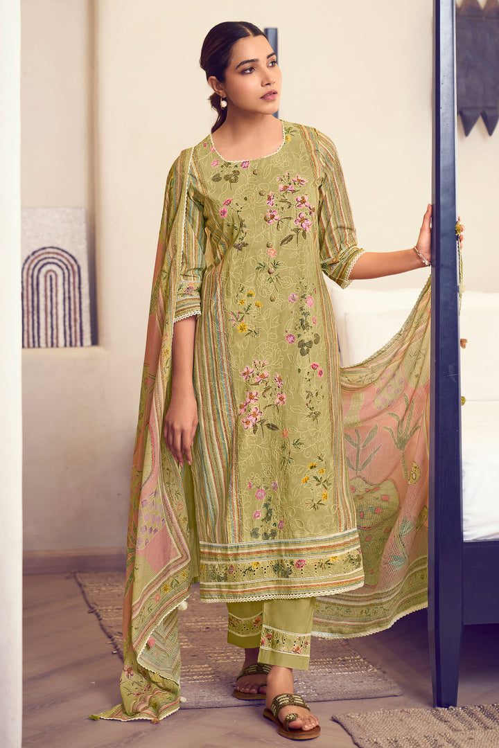 Pure Cotton Olive Embroidery Digital Print Fancy Salwar Suit