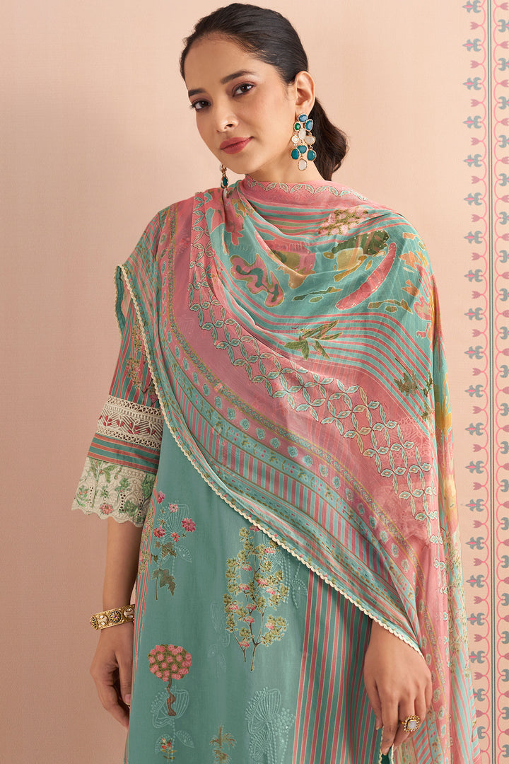 Pure Cotton Print And Embroidery Suit Set With Solid Bottom