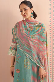 Pure Cotton Print And Embroidery Suit Set With Solid Bottom