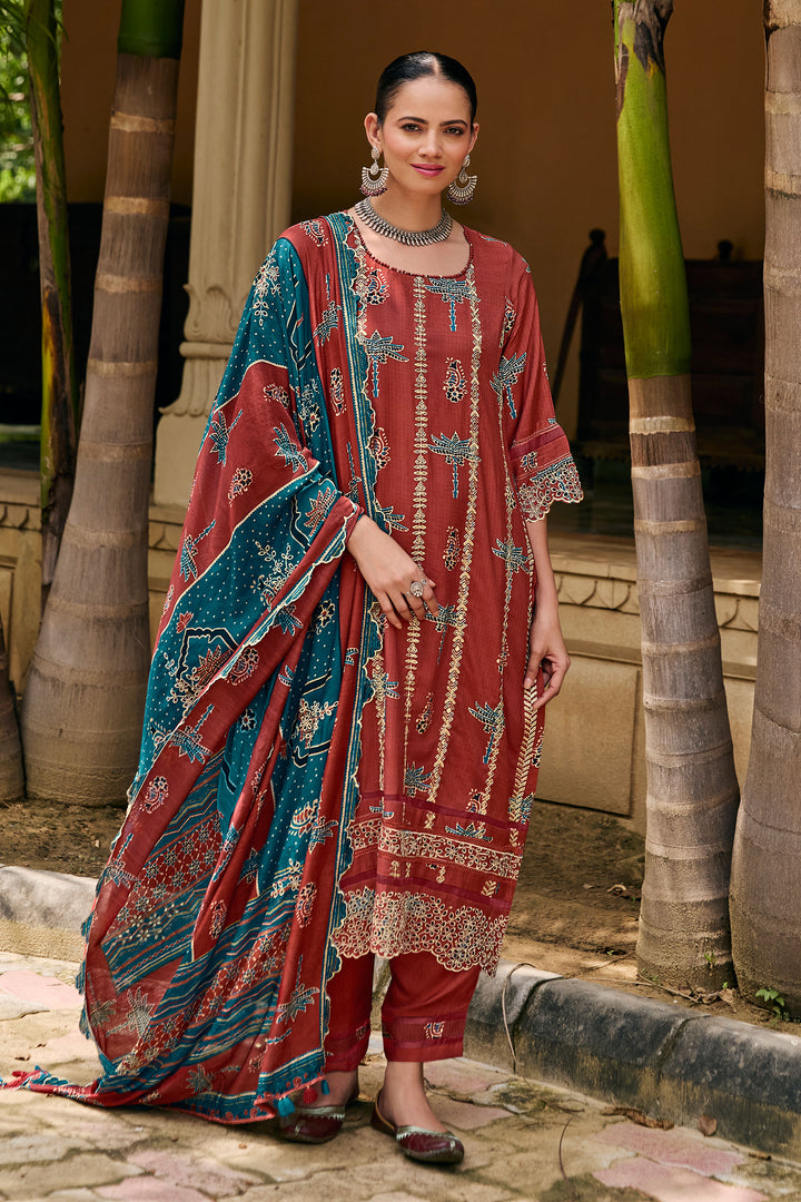 Pure Muslin Silk Checks Hand Block Print Salwar Kameez