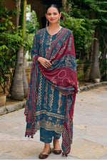 Load image into Gallery viewer, Teal Color Pure Muslin Silk Checks Hand Block Print Salwar Suit
