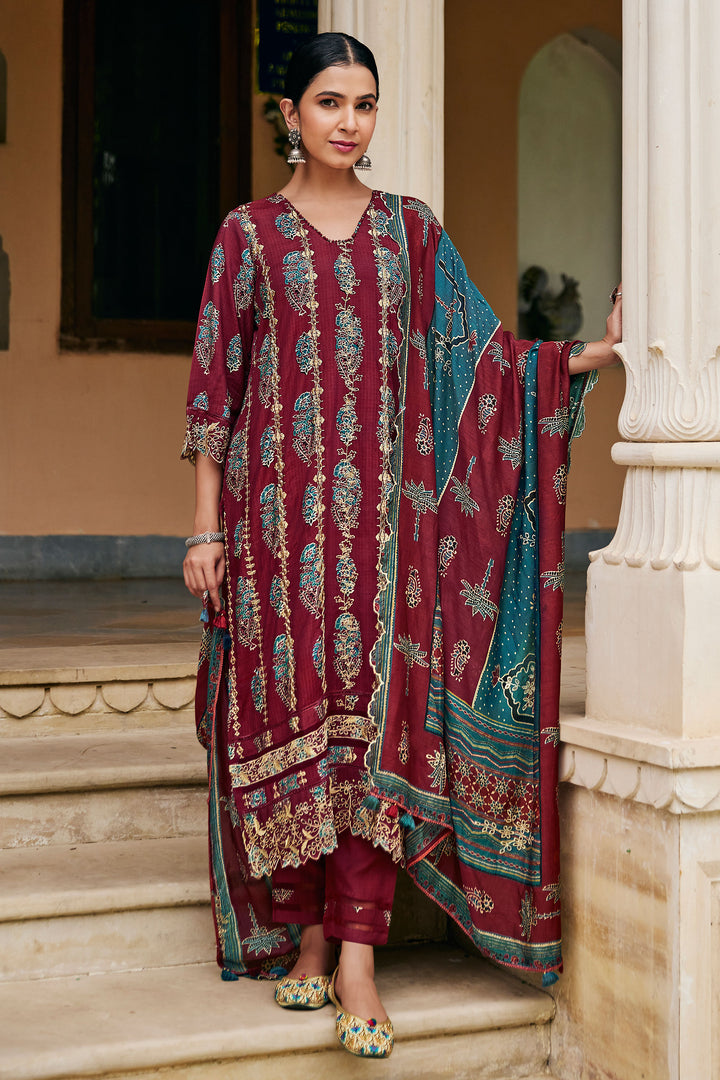 Pure Muslin Silk Checks Hand Block Print Salwar Kameez In Maroon Color