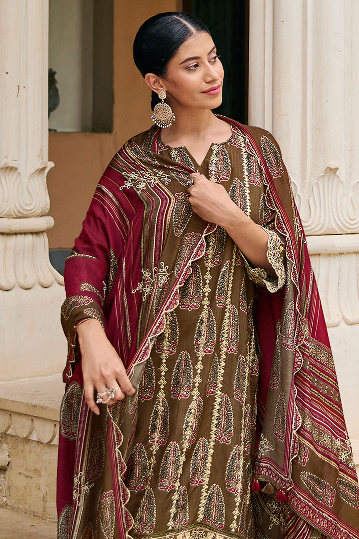 Checks Hand Block Print Salwar Suit In Brown Color