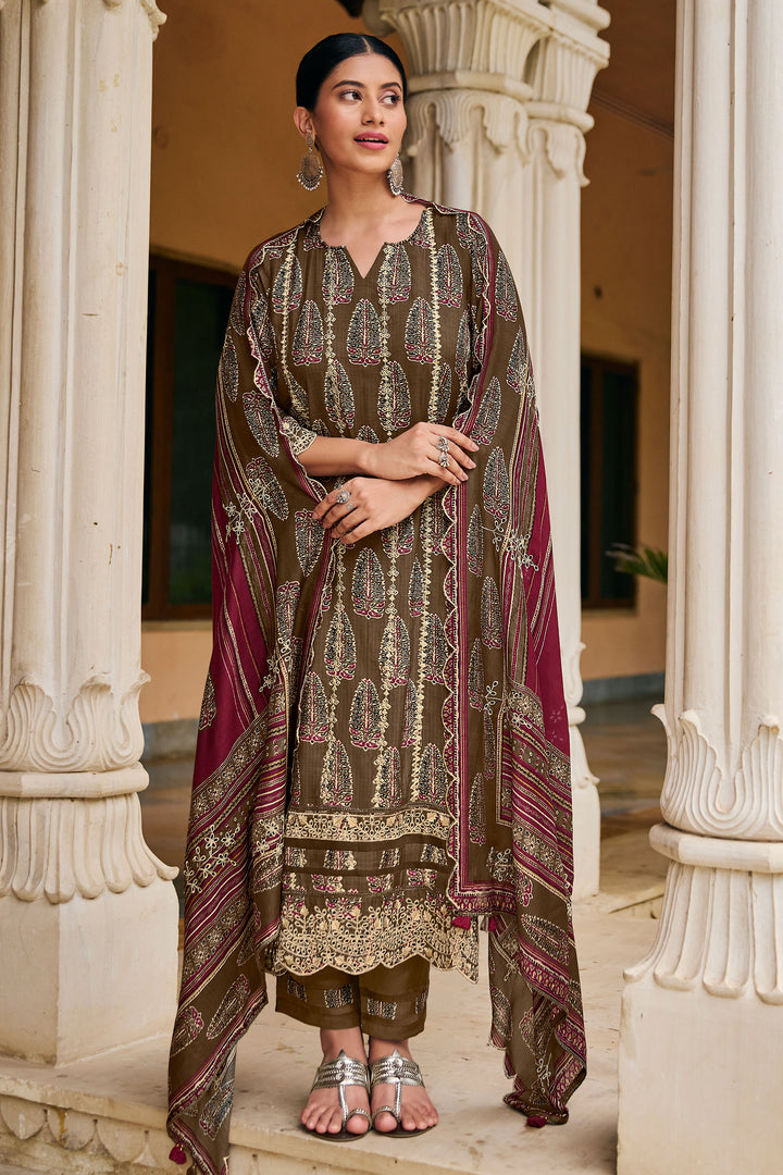 Checks Hand Block Print Salwar Suit In Brown Color