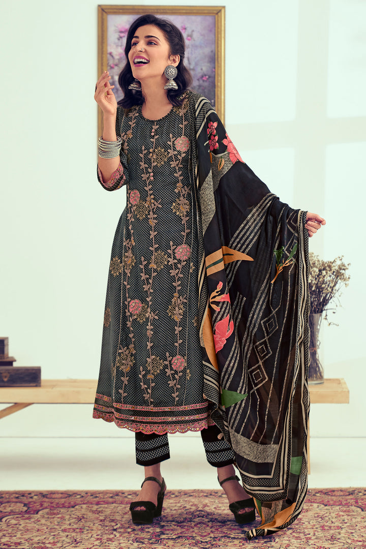 Black Pure Muslin Silk Jacquard Digital Print Designer Salwar Kameez