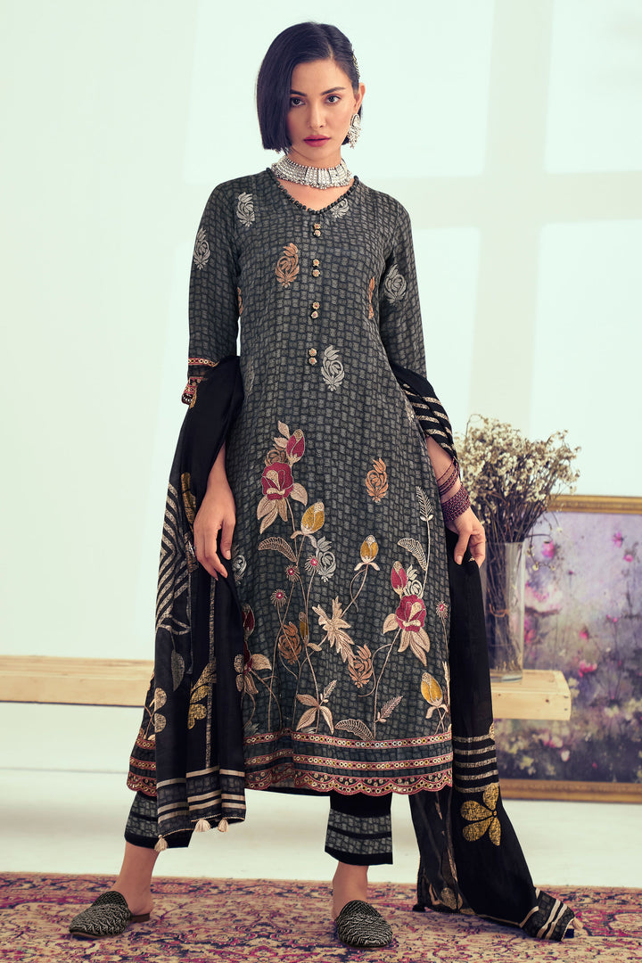 Black Pure Muslin Silk Jacquard Digital Print Designer Salwar Suit