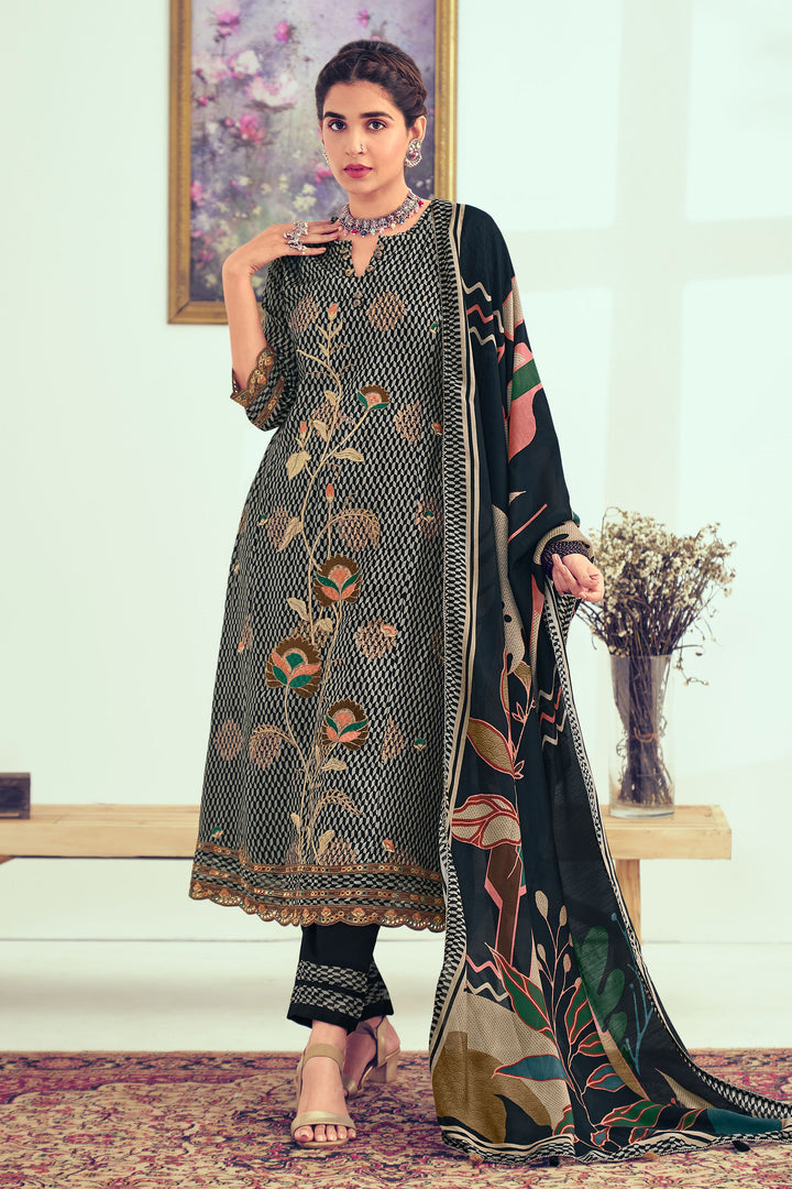 Black Pure Muslin Silk Jacquard Digital Print Designer Dress