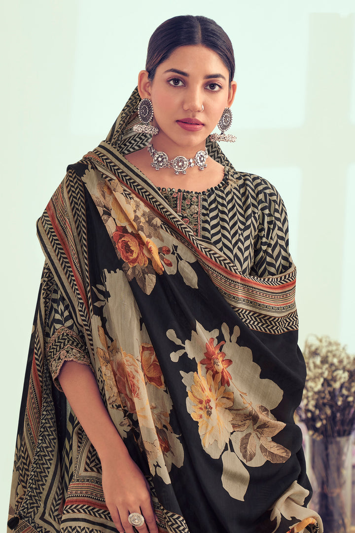 Pure Muslin Silk Jacquard Digital Print Designer Salwar Kameez In Black Color