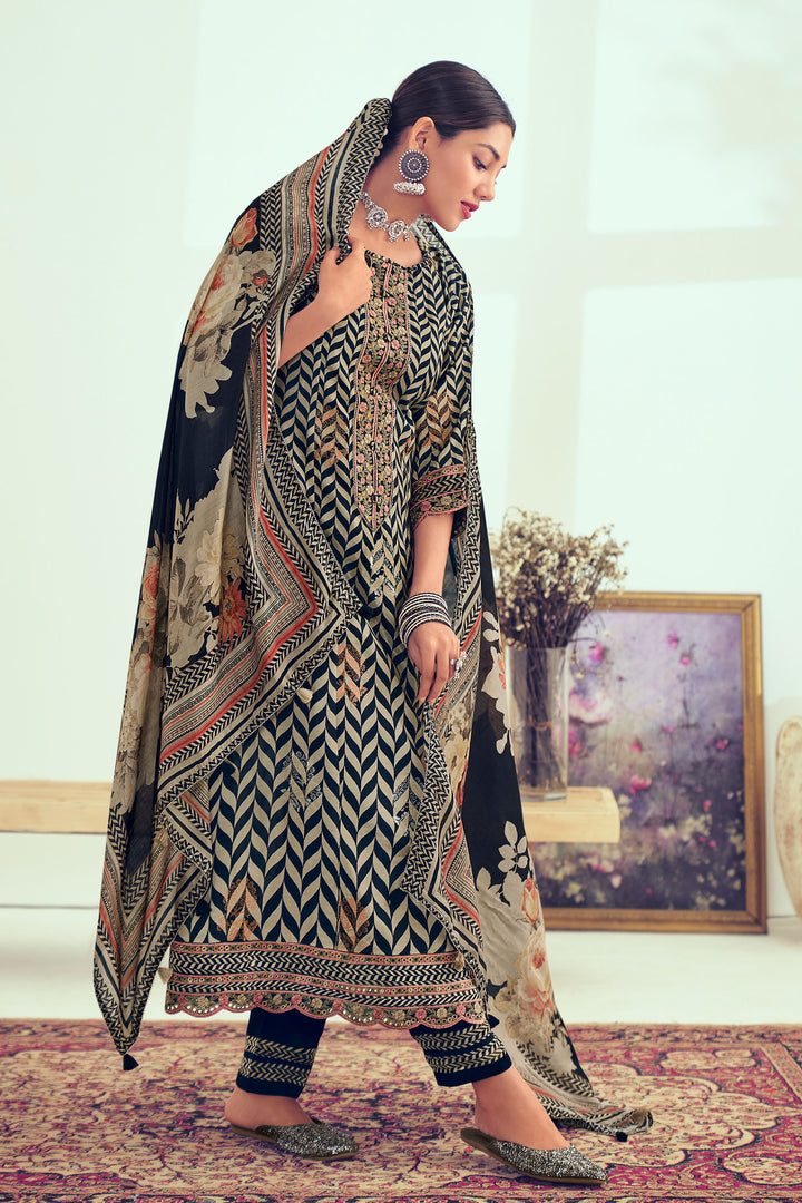 Pure Muslin Silk Jacquard Digital Print Designer Salwar Kameez In Black Color
