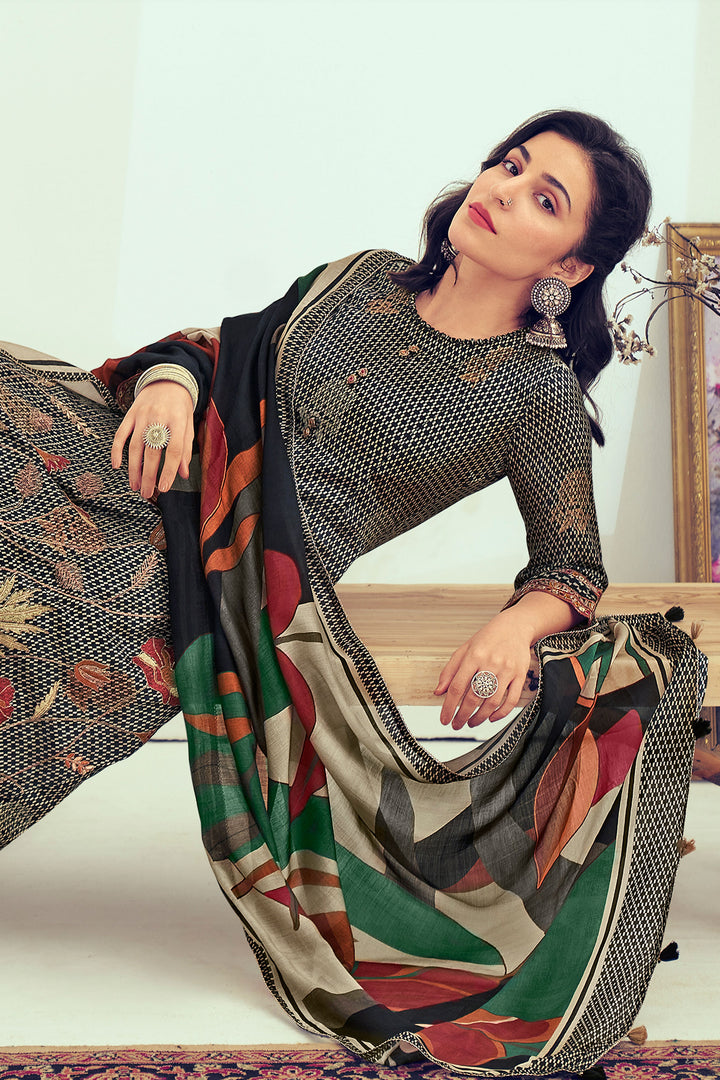 Pure Muslin Silk Jacquard Digital Print Designer Salwar Suit In Black Color