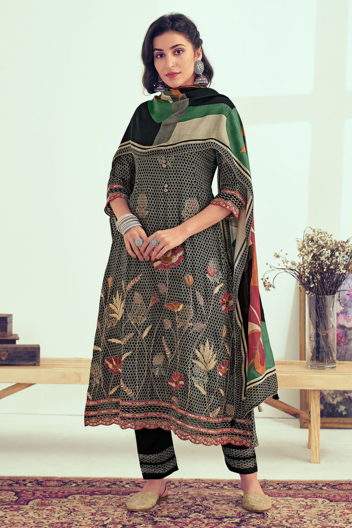 Pure Muslin Silk Jacquard Digital Print Designer Salwar Suit In Black Color